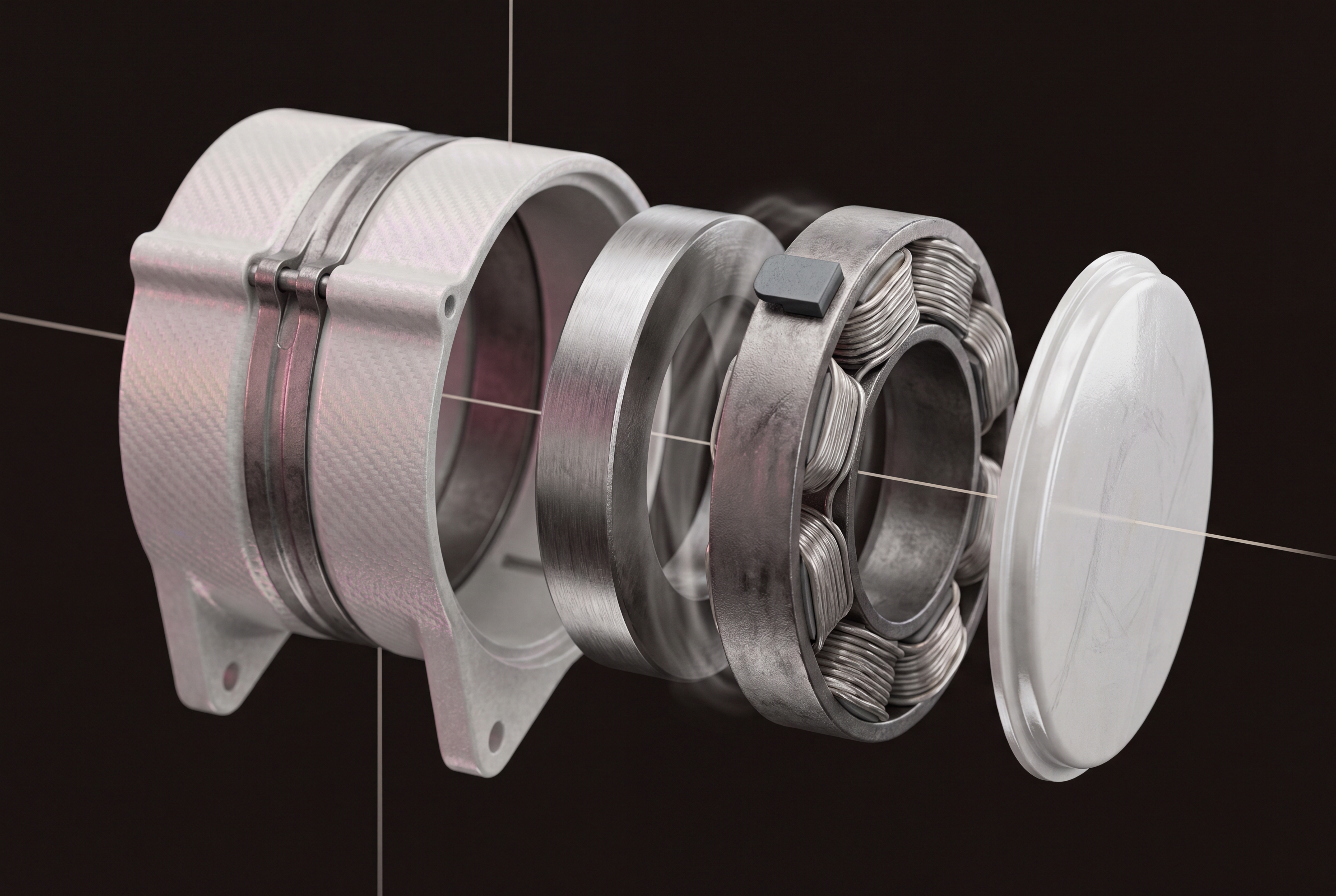 Transverse-flux linear alternator — ferrite bias, iron poles, aluminium windings.