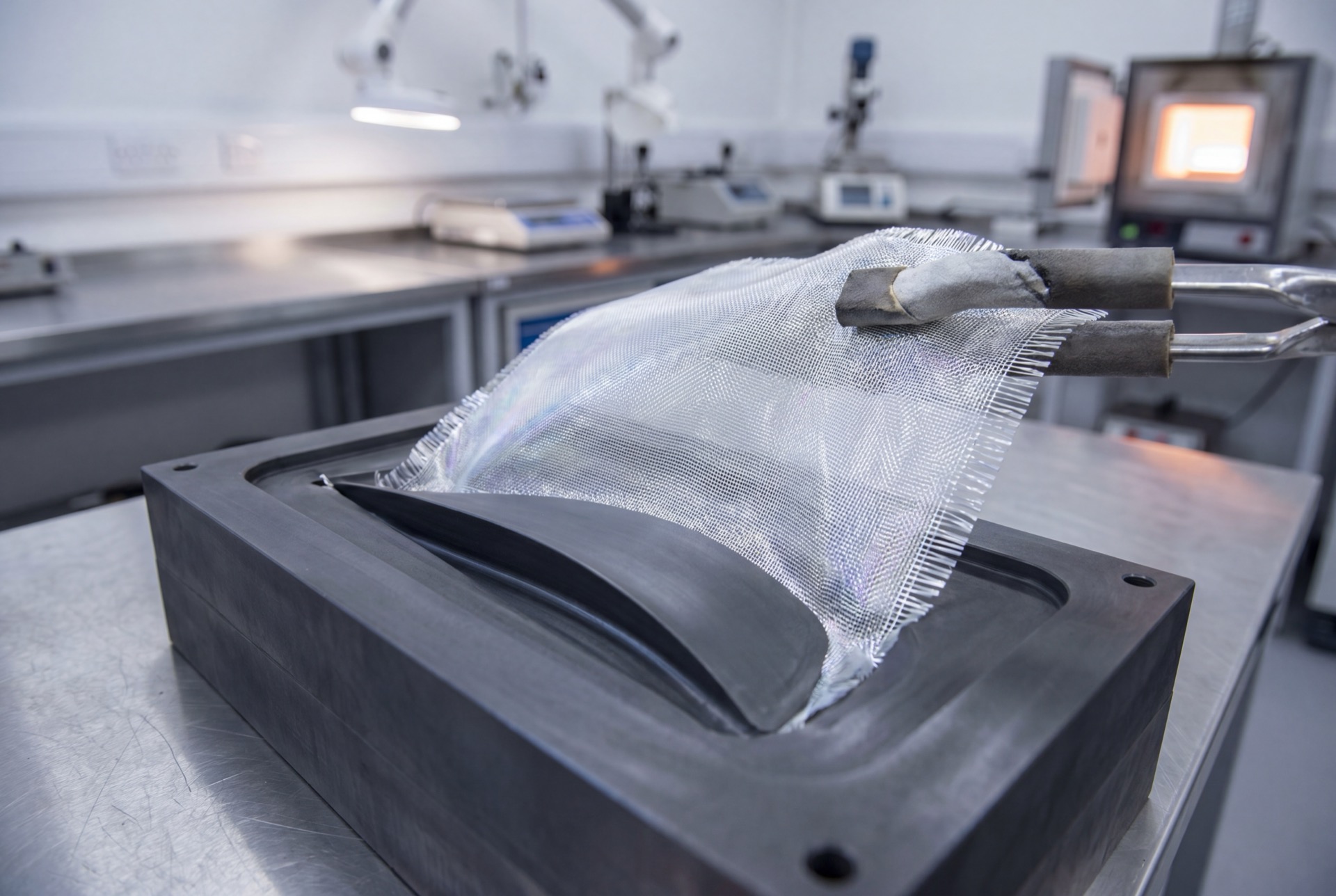 Draped into a machined graphite mould for the part’s exact shape.