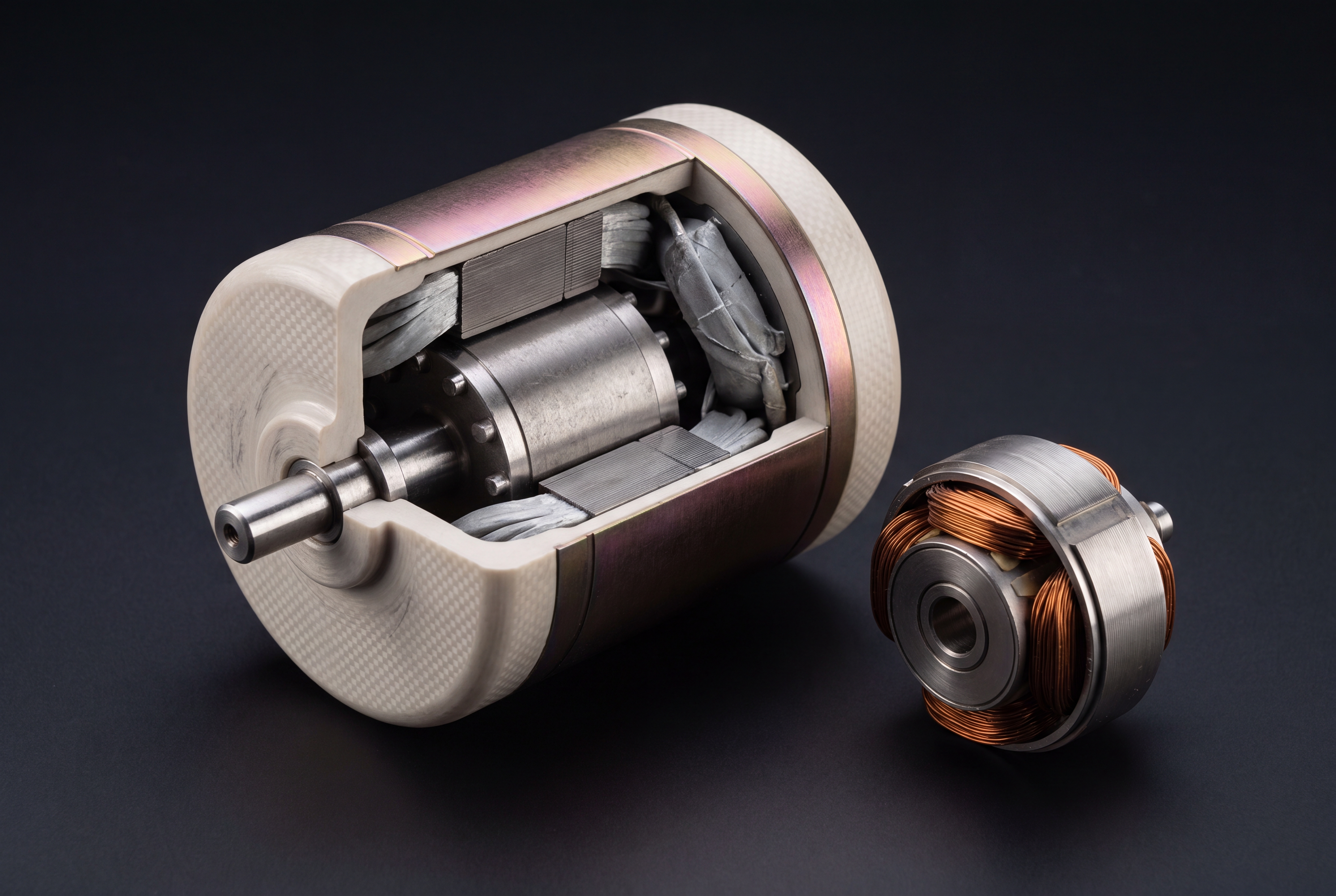 Iron-rotor induction motor + synchro — drive and joints, no magnets or semiconductors.