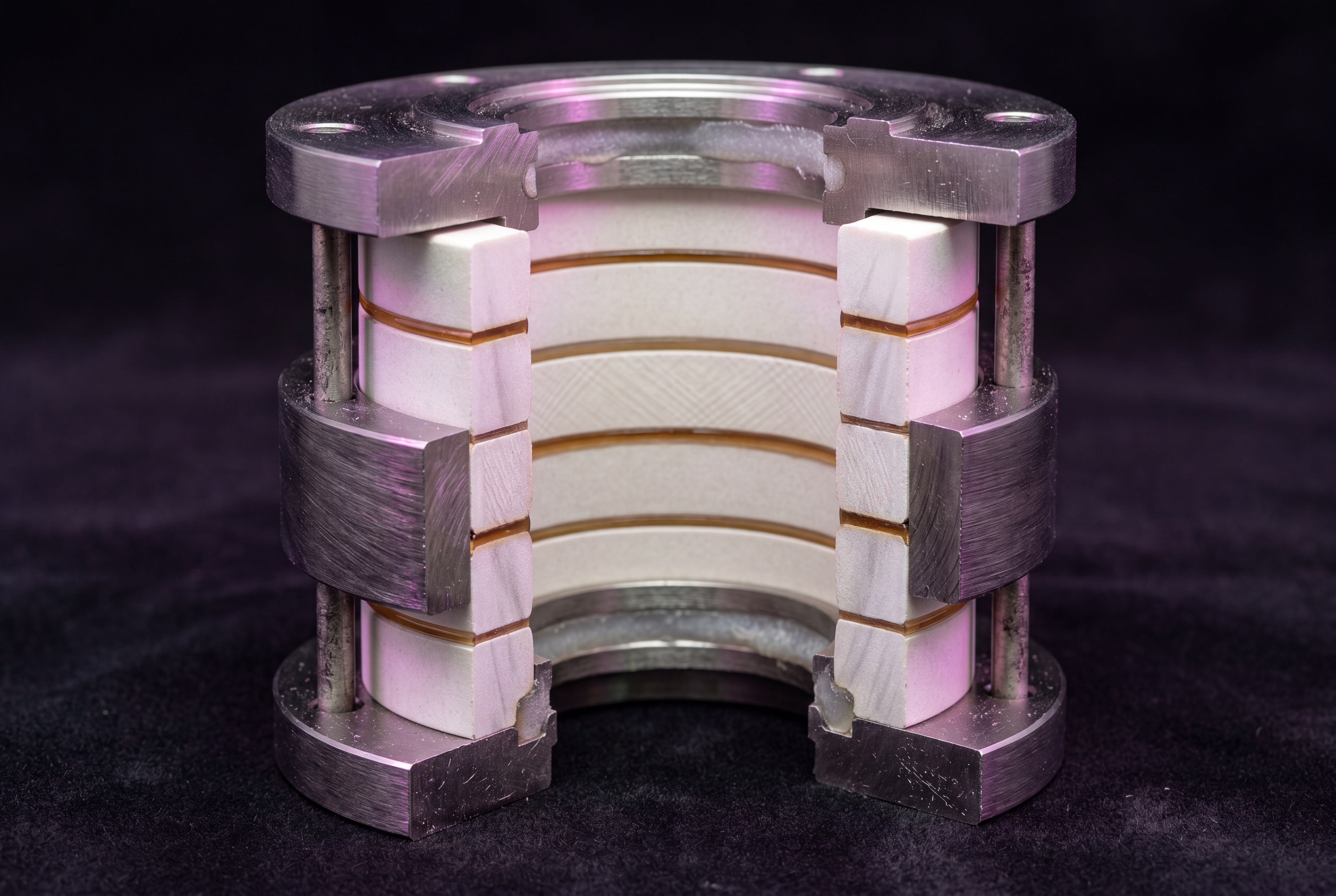 Ring-stack pressure vessel: small fired rings, iron-banded and brazed into a large hull.
